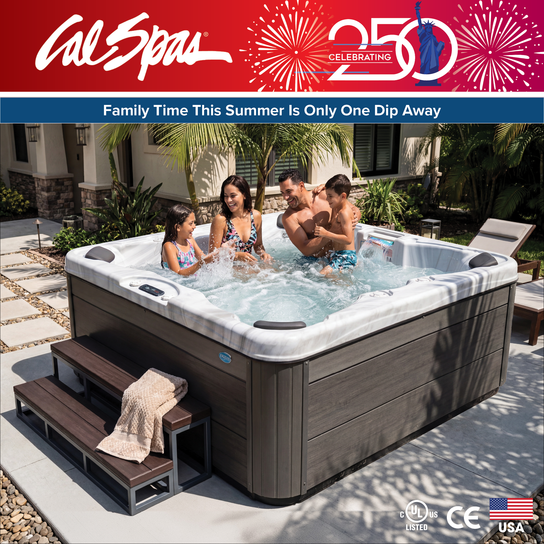 Calspas hot tub being used in a family setting - Woodland